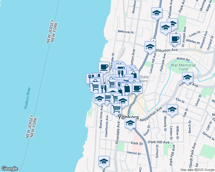 map of restaurants, bars, coffee shops, grocery stores, and more near 79-81 Main Street in Yonkers
