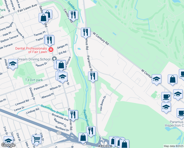 map of restaurants, bars, coffee shops, grocery stores, and more near 133 Paramus Road in Paramus