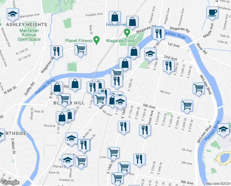 map of restaurants, bars, coffee shops, grocery stores, and more near 193 5th Avenue in Paterson