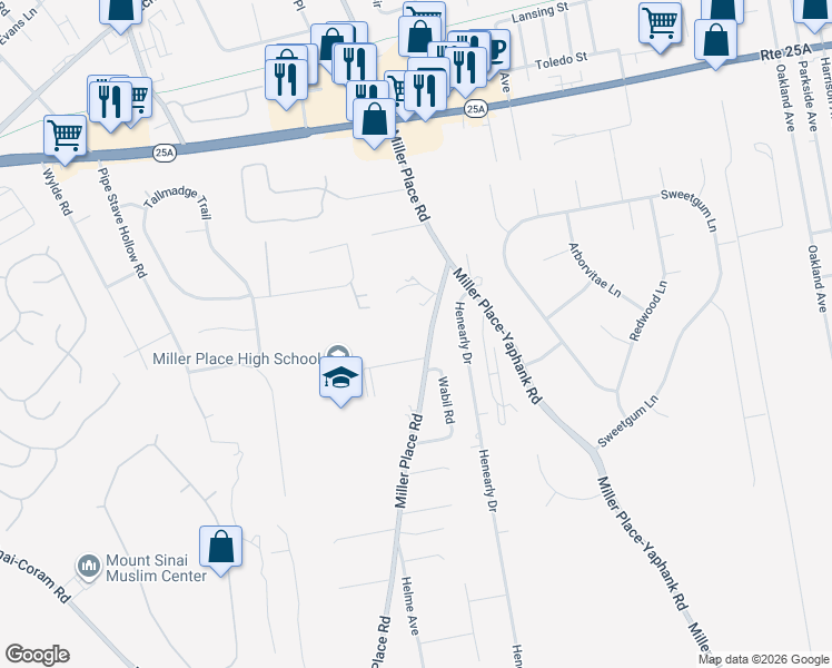 map of restaurants, bars, coffee shops, grocery stores, and more near 194 Miller Place Road in Miller Place