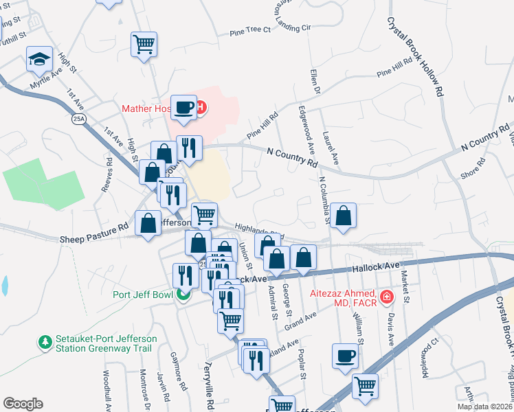 map of restaurants, bars, coffee shops, grocery stores, and more near 108 Leeward Lane in Port Jefferson