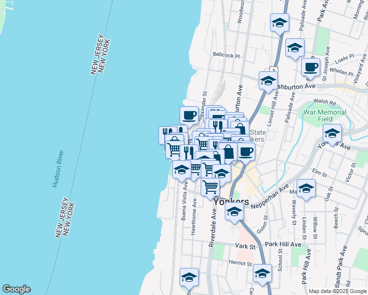 map of restaurants, bars, coffee shops, grocery stores, and more near 1 Van Der Donck Street in Yonkers