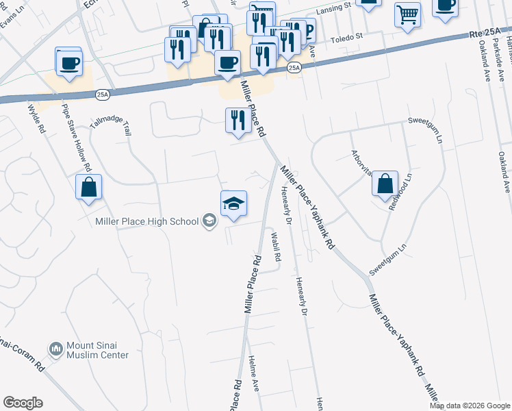 map of restaurants, bars, coffee shops, grocery stores, and more near 194 Miller Place Road in Miller Place