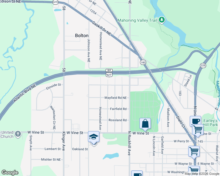map of restaurants, bars, coffee shops, grocery stores, and more near 11370 Meadowbrook Avenue in Alliance