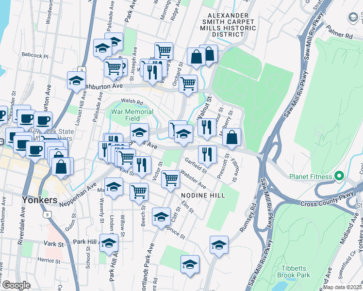 map of restaurants, bars, coffee shops, grocery stores, and more near 92 Yonkers Avenue in Yonkers