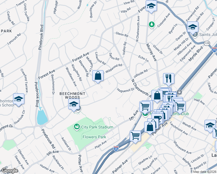 map of restaurants, bars, coffee shops, grocery stores, and more near 250 Barnard Road in Larchmont