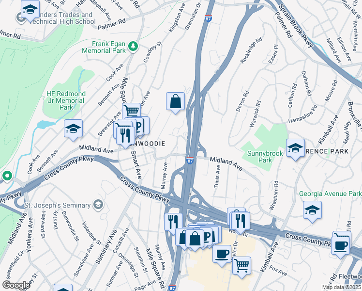 map of restaurants, bars, coffee shops, grocery stores, and more near in Yonkers