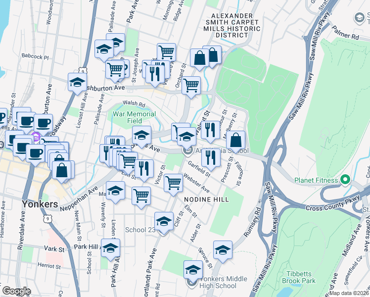 map of restaurants, bars, coffee shops, grocery stores, and more near 92 Yonkers Avenue in Yonkers