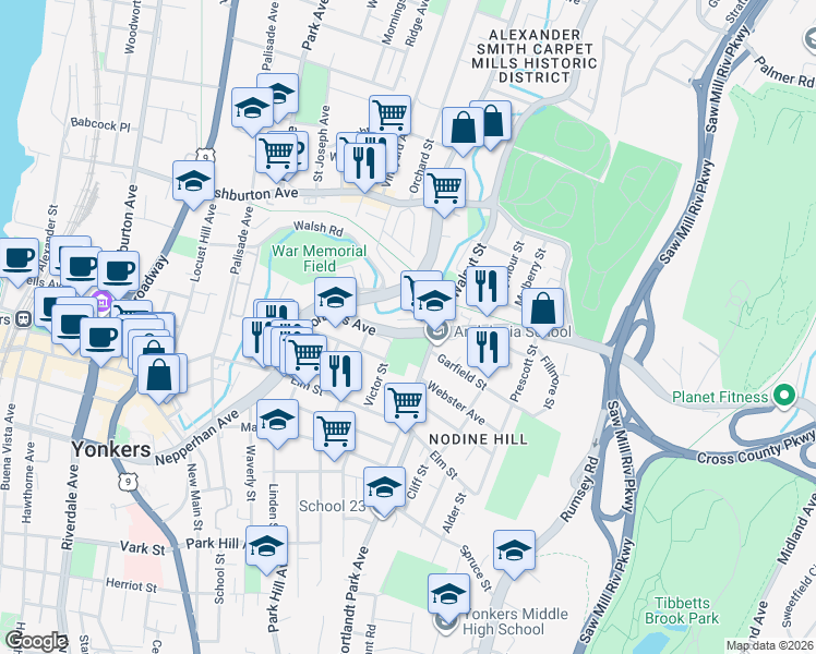 map of restaurants, bars, coffee shops, grocery stores, and more near 90 Yonkers Avenue in Yonkers
