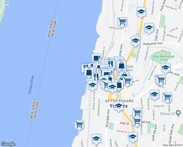 map of restaurants, bars, coffee shops, grocery stores, and more near 1 Van Der Donck Street in Yonkers