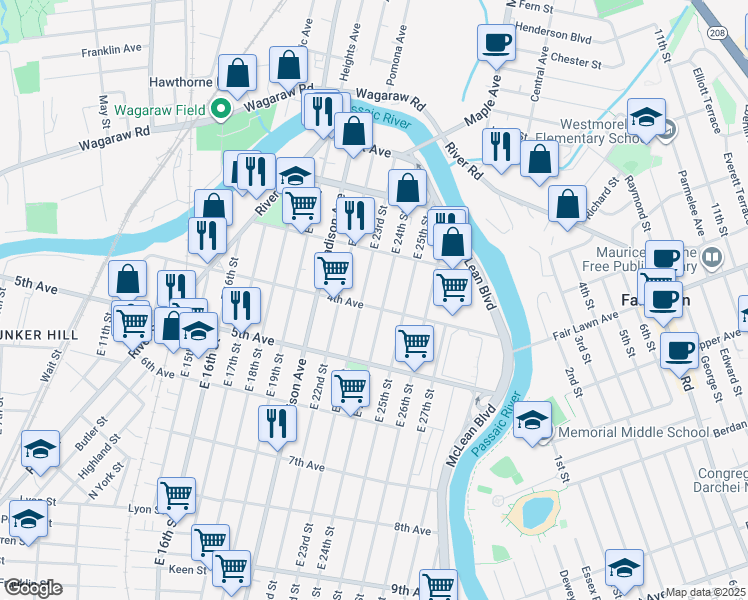 map of restaurants, bars, coffee shops, grocery stores, and more near 153 East 23rd Street in Paterson