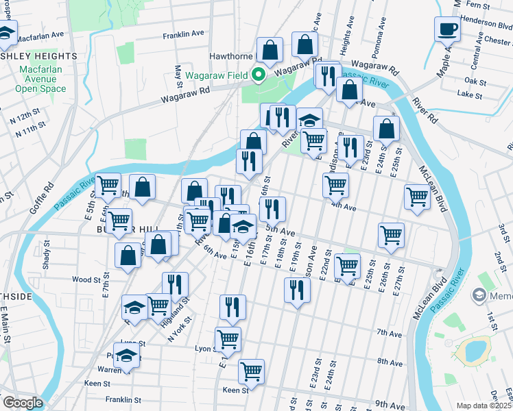 map of restaurants, bars, coffee shops, grocery stores, and more near 78 East 16th Street in Paterson