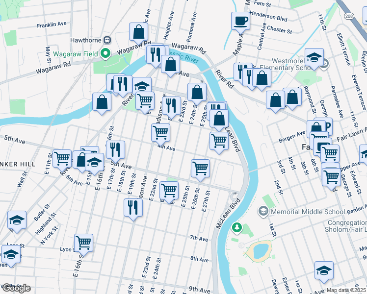 map of restaurants, bars, coffee shops, grocery stores, and more near 132 East 24th Street in Paterson