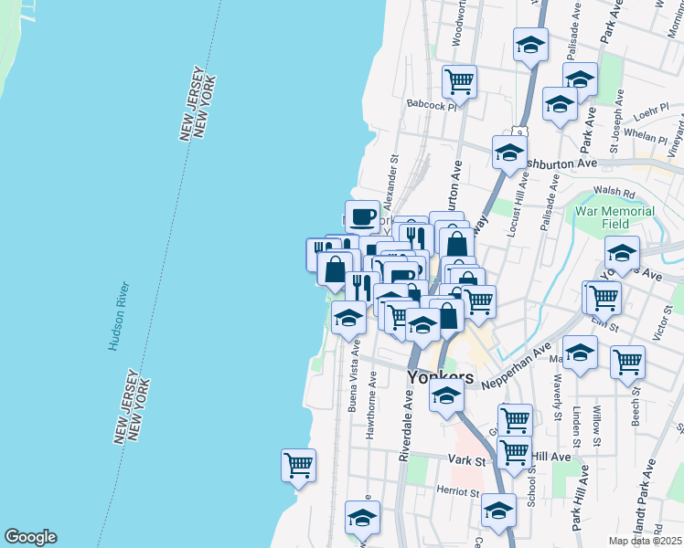 map of restaurants, bars, coffee shops, grocery stores, and more near 1 Van Der Donck Street in Yonkers