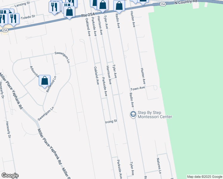 map of restaurants, bars, coffee shops, grocery stores, and more near 268 Harrison Avenue in Miller Place