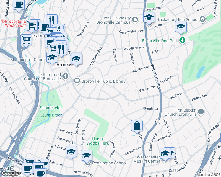 map of restaurants, bars, coffee shops, grocery stores, and more near 1 High Road in Bronxville