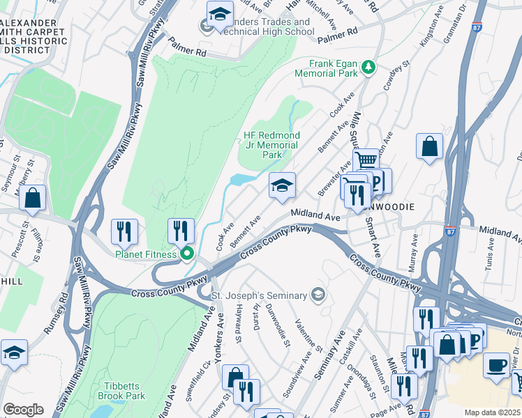 map of restaurants, bars, coffee shops, grocery stores, and more near 725 Midland Avenue in Yonkers