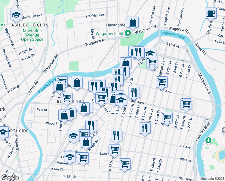 map of restaurants, bars, coffee shops, grocery stores, and more near 193 5th Avenue in Paterson