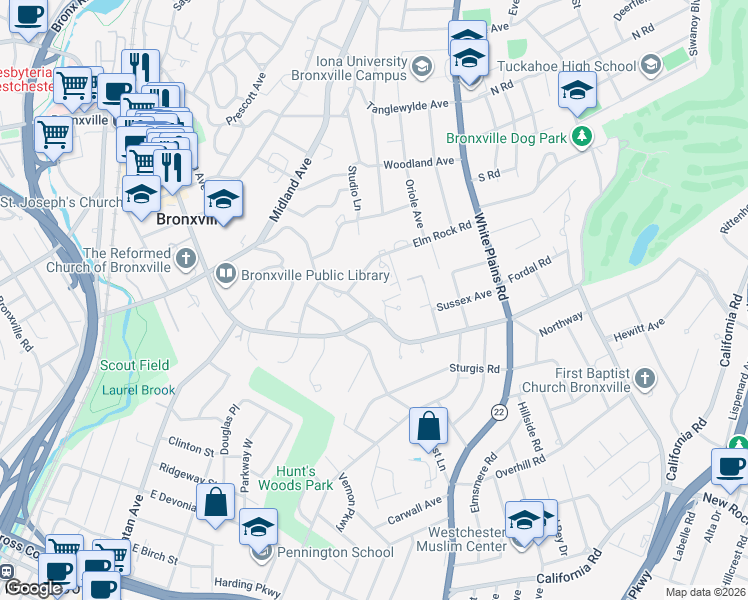 map of restaurants, bars, coffee shops, grocery stores, and more near 279 Pondfield Road in Bronxville