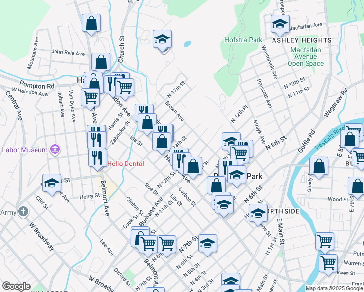 map of restaurants, bars, coffee shops, grocery stores, and more near 34 Wagaraw Boulevard in Prospect Park