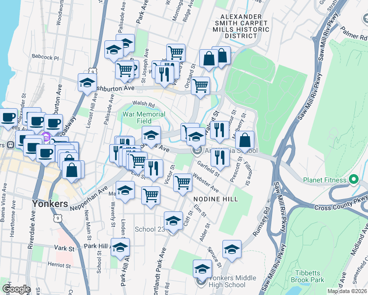 map of restaurants, bars, coffee shops, grocery stores, and more near 90 Yonkers Avenue in Yonkers