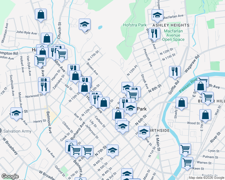map of restaurants, bars, coffee shops, grocery stores, and more near North 12th Street in Prospect Park