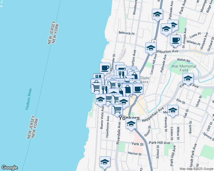 map of restaurants, bars, coffee shops, grocery stores, and more near 5 Buena Vista Avenue in Yonkers