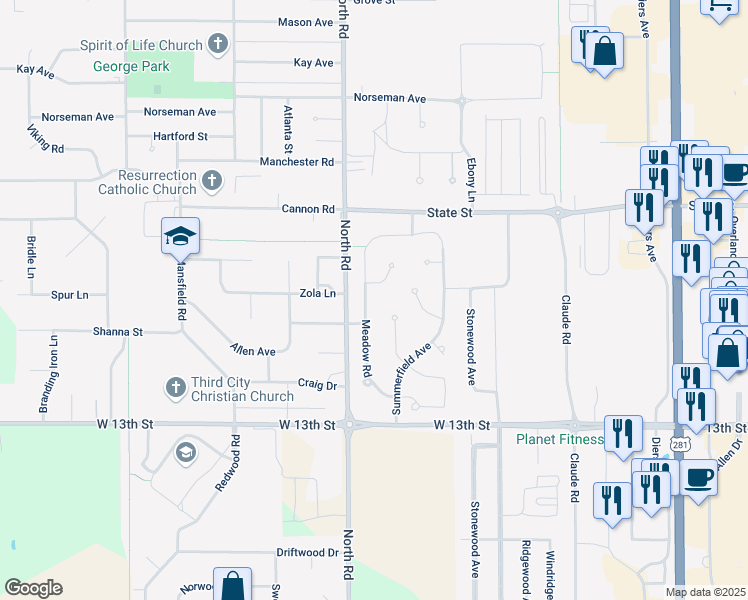 map of restaurants, bars, coffee shops, grocery stores, and more near 1604 Meadow Road in Grand Island