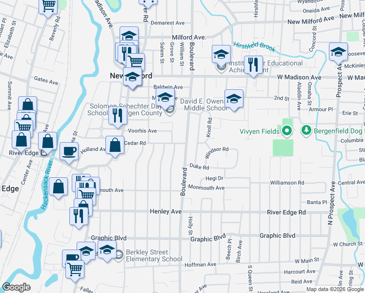map of restaurants, bars, coffee shops, grocery stores, and more near 549 Mabie Street in New Milford