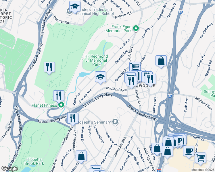 map of restaurants, bars, coffee shops, grocery stores, and more near in Yonkers