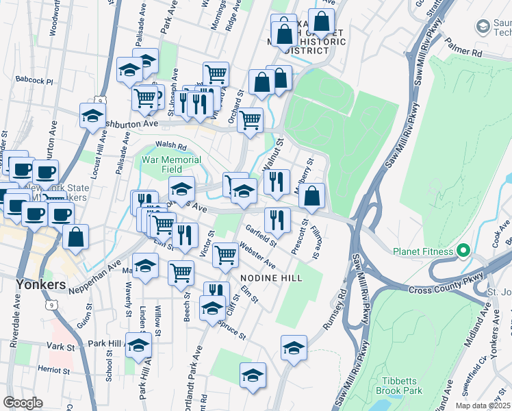 map of restaurants, bars, coffee shops, grocery stores, and more near in Yonkers