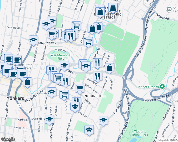 map of restaurants, bars, coffee shops, grocery stores, and more near in Yonkers