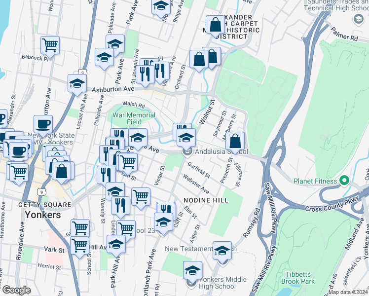 map of restaurants, bars, coffee shops, grocery stores, and more near 92 Yonkers Avenue in Yonkers