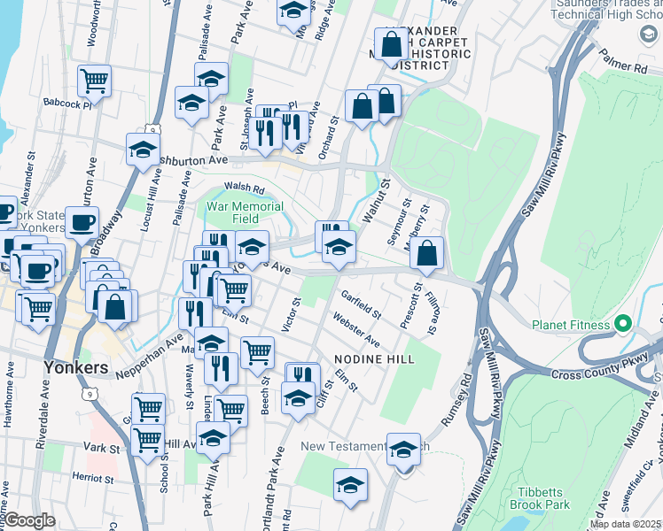 map of restaurants, bars, coffee shops, grocery stores, and more near 92 Yonkers Avenue in Yonkers