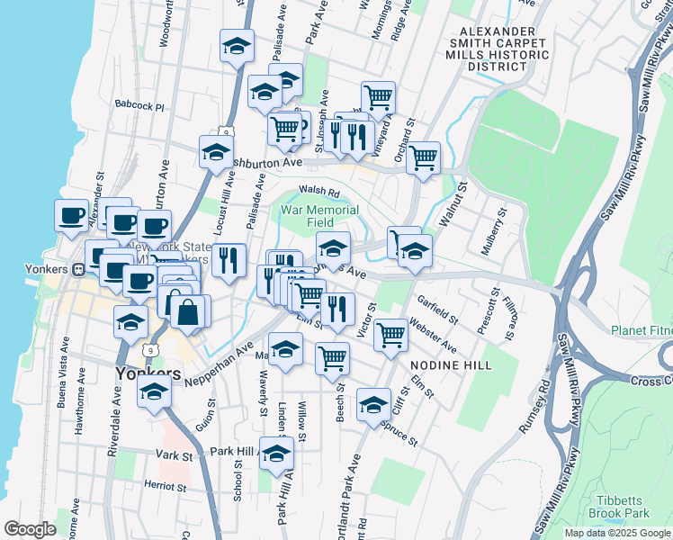 map of restaurants, bars, coffee shops, grocery stores, and more near 2 Riverview Place in Yonkers
