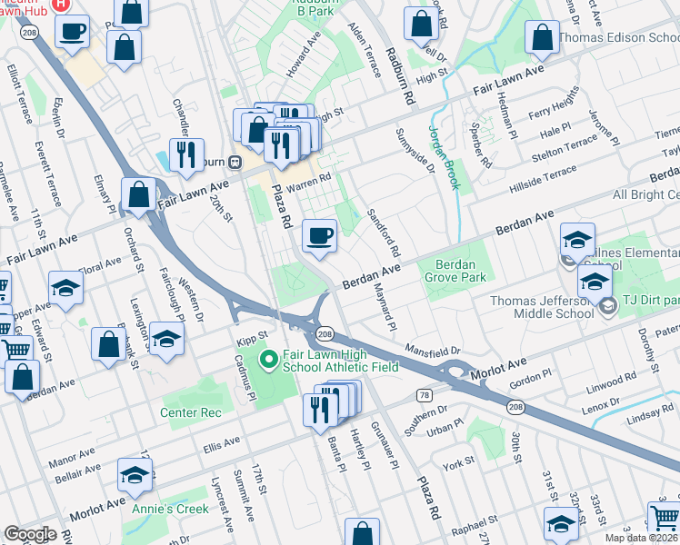 map of restaurants, bars, coffee shops, grocery stores, and more near 25-01 Kipp Street in Fair Lawn