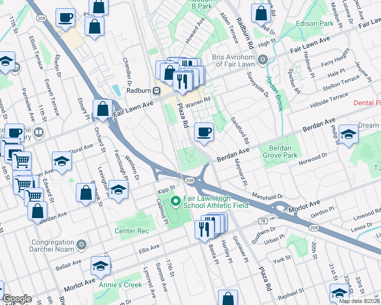 map of restaurants, bars, coffee shops, grocery stores, and more near 1 Cooper's Way in Fair Lawn