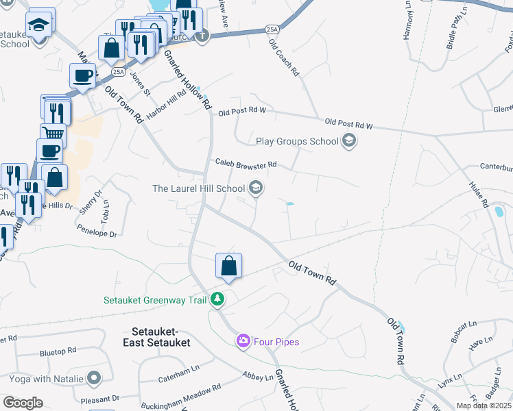 map of restaurants, bars, coffee shops, grocery stores, and more near 201 Old Town Road in Setauket- East Setauket