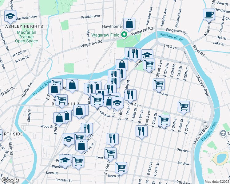 map of restaurants, bars, coffee shops, grocery stores, and more near 664 River Street in Paterson