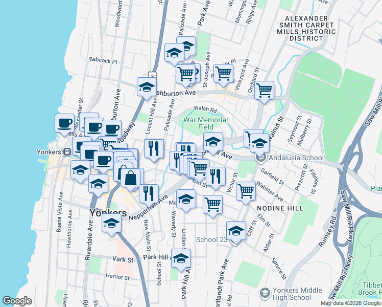 map of restaurants, bars, coffee shops, grocery stores, and more near 239 Nepperhan Avenue in Yonkers