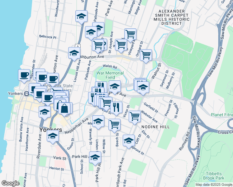 map of restaurants, bars, coffee shops, grocery stores, and more near 2 Riverview Place in Yonkers