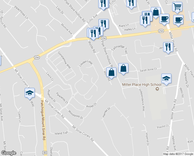 map of restaurants, bars, coffee shops, grocery stores, and more near 54 Louden Loop in Mount Sinai