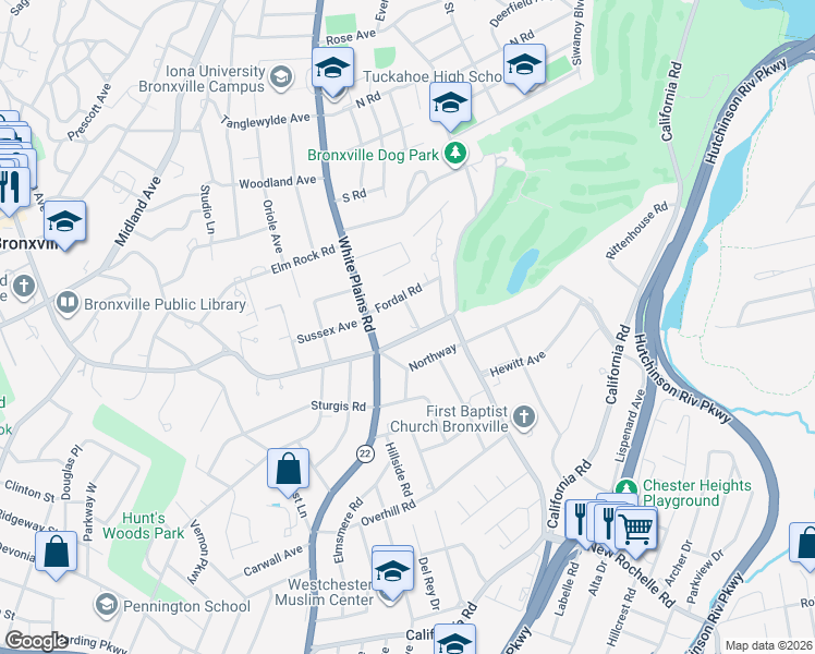 map of restaurants, bars, coffee shops, grocery stores, and more near 1 Manor Road in Bronxville