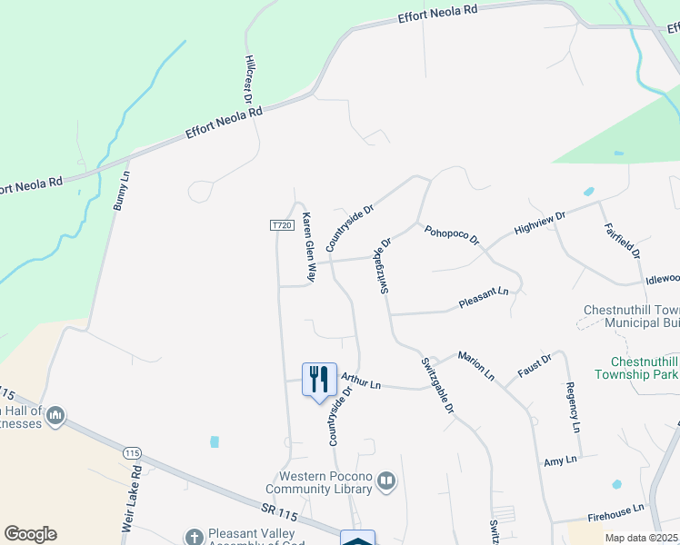 map of restaurants, bars, coffee shops, grocery stores, and more near 114 Crossing Spring Lane in Brodheadsville