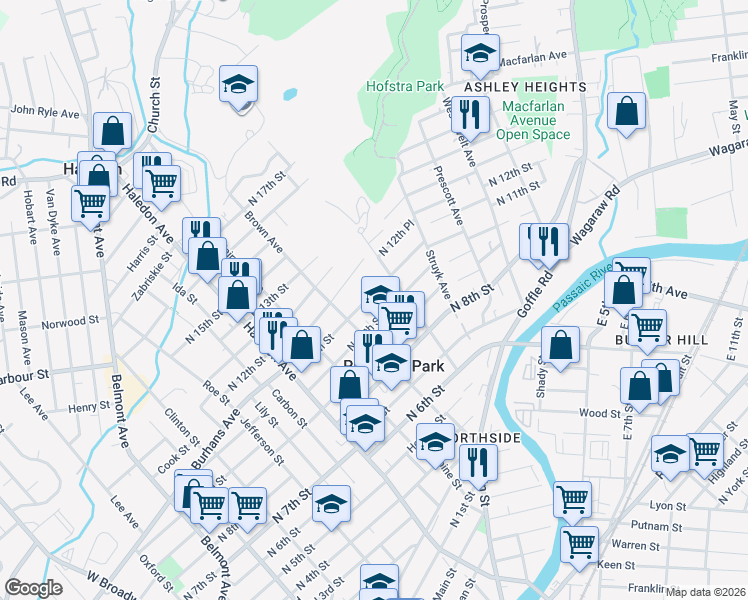 map of restaurants, bars, coffee shops, grocery stores, and more near 328 North 11th Street in Prospect Park