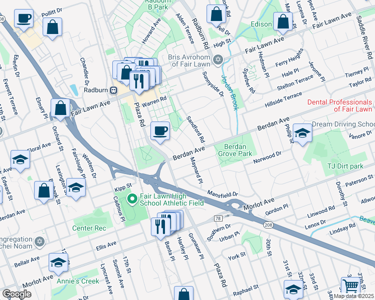 map of restaurants, bars, coffee shops, grocery stores, and more near 25-39 Kipp Street in Fair Lawn
