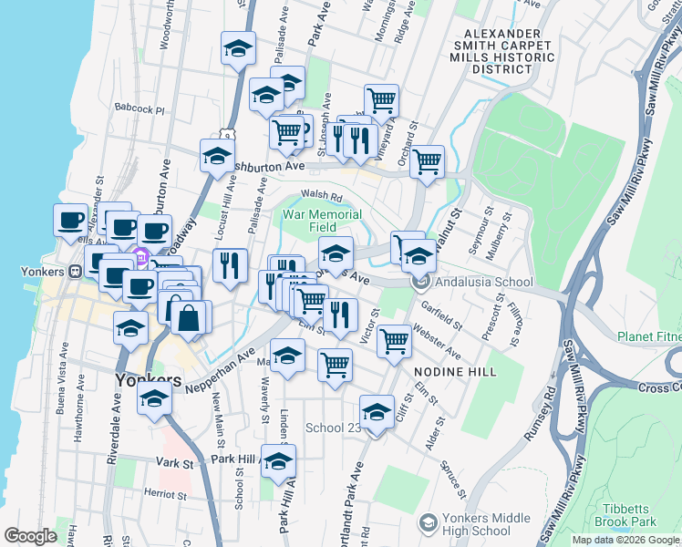 map of restaurants, bars, coffee shops, grocery stores, and more near 2 Riverview Place in Yonkers