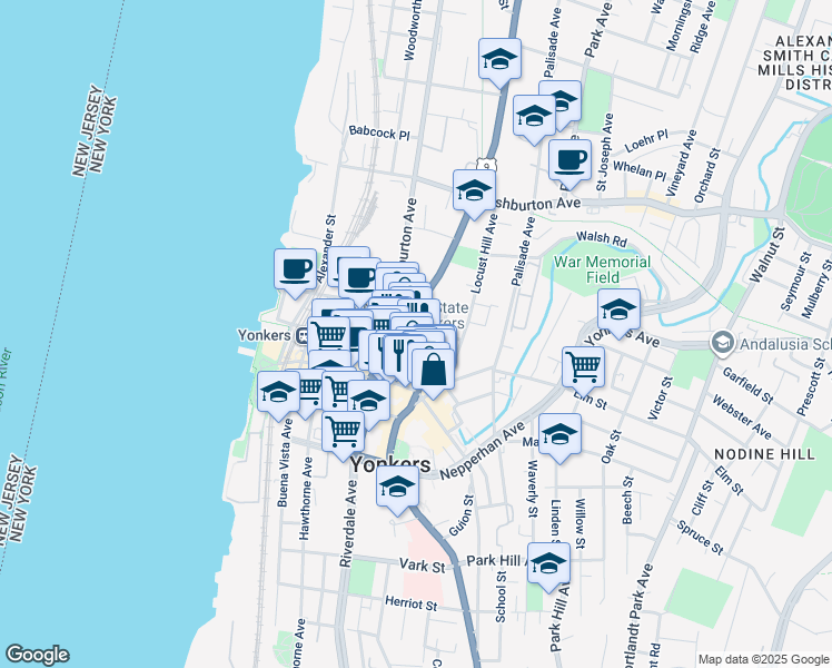 map of restaurants, bars, coffee shops, grocery stores, and more near 28 North Broadway in Yonkers