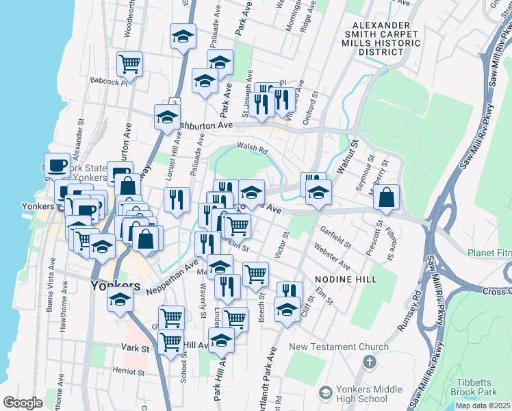 map of restaurants, bars, coffee shops, grocery stores, and more near 22 Yonkers Avenue in Yonkers
