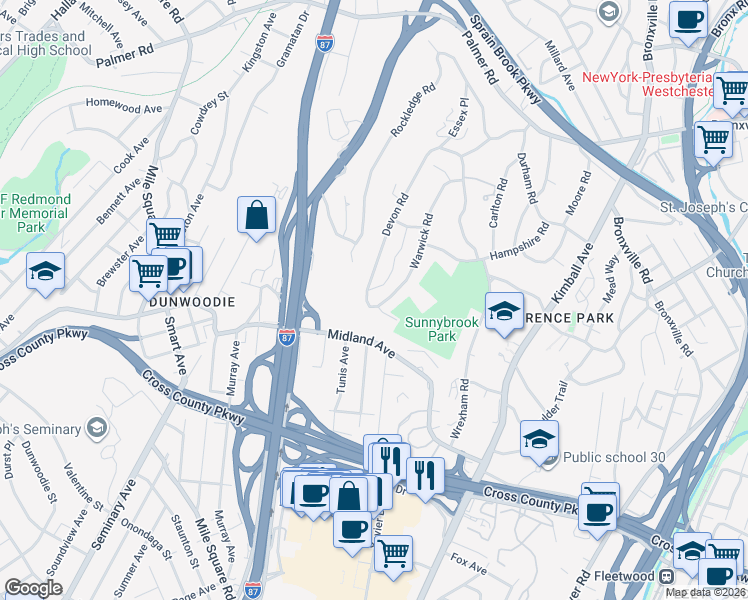 map of restaurants, bars, coffee shops, grocery stores, and more near 2 Sussex Place in Yonkers